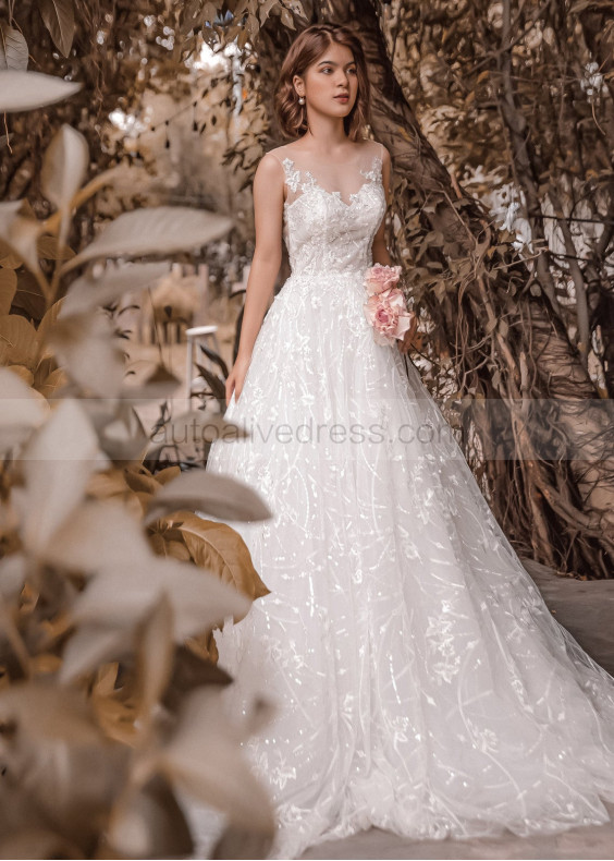 Ivory Floral Lace Tulle Open Back Wedding Dress Ivory Floral Lace Tulle Open Back Wedding Dress